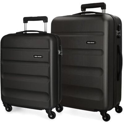 ROLL ROAD Flexibel resväska tillverkad av ABS, ett material, sidokombinationslås med 4 dubbla hjul, handbagage, bekväm insida med ett fack, svart, 55/65 cms, set med 2 resväskor ROLL ROAD Flexibel resväska tillverkad av ABS, ett material, sidokombinationslås med 4 dubbla hjul, handbagage, bekväm insida med ett fack, svart, 55/65 cms, set med 2 resväskor