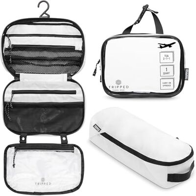TRIPPED Travel Gear Toalettväska kit set: hängande resenecessär + 311 TSA kosmetisk vätskepåse + ultralätt tillbehörsorganiseringspåse, Vit ripstop, Carry-On Quart Size, 3-delat toalettset TRIPPED Travel Gear Toalettväska kit set: hängande resenecessär + 311 TSA kosmetisk vätskepåse + ultralätt tillbehörsorganiseringspåse, Vit ripstop, Carry-On Quart Size, 3-delat toalettset