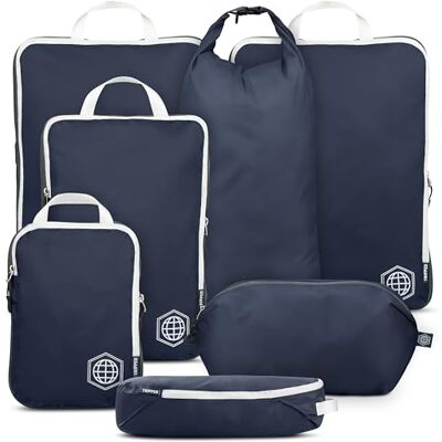 TRIPPED Travel Gear Extra stora komprimeringsförpackningskuber för resor – extra stora förpackningskuber bagage organisatörer 7-delars set – ultralätt, expanderbara/kompressionspåsar för kläder (marinblå/vit)) TRIPPED Travel Gear Extra stora komprimeringsförpackningskuber för resor – extra stora förpackningskuber bagage organisatörer 7-delars set – ultralätt, expanderbara/kompressionspåsar för kläder (marinblå/vit))