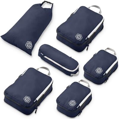 TRIPPED Travel Gear Kompressionsförpackningskuber för resor, packkuber och researrangör, marinblå, 6 stycken TRIPPED Travel Gear Kompressionsförpackningskuber för resor, packkuber och researrangör, marinblå, 6 stycken