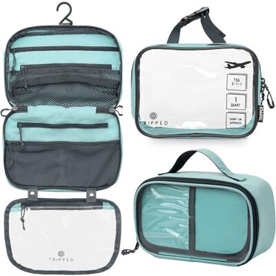 TRIPPED Travel Gear Toalettväska kit set: hängande resenecessär + 311 TSA kosmetisk vätskepåse + ultralätt tillbehörsorganiseringspåse, Dusty Teal Makeup, 3-delat toalettset TRIPPED Travel Gear Toalettväska kit set: hängande resenecessär + 311 TSA kosmetisk vätskepåse + ultralätt tillbehörsorganiseringspåse, Dusty Teal Makeup, 3-delat toalettset