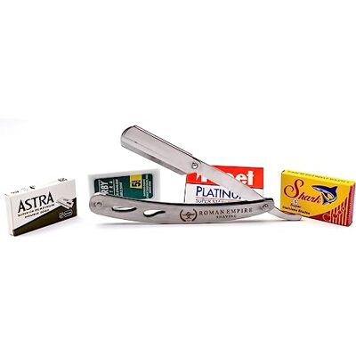 Razor Blades Club Mars Free Hand Razor från Roman Empire Shaving Professionell rakhyvel för män barberare för skägg, mustasch och sidrätter med set med 20 blad (Astra-Derby-Shark-Treet) Razor Blades Club Mars Free Hand Razor från Roman Empire Shaving Professionell rakhyvel för män barberare för skägg, mustasch och sidrätter med set med 20 blad (Astra-Derby-Shark-Treet)