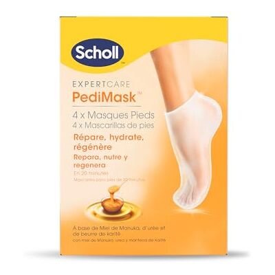 Scholl PediMask, Mjuk Fotmask med Manuka, Urea och Shea Honung, Djupfuktande, Fotstrumpor med korn, Hårdhet och sprickor, Återvinningsbar förpackning och ansiktsmask, 4 st Scholl PediMask, Mjuk Fotmask med Manuka, Urea och Shea Honung, Djupfuktande, Fotstrumpor med korn, Hårdhet och sprickor, Återvinningsbar förpackning och ansiktsmask, 4 st