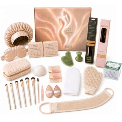 Sun & Sia Sun&Sia skönhetskalender för kvinnor, 24 tillbehör Gua Sha Jade, mössa och satinmask, hårborstar, konjac-svampar, sminkborstar franskt varumärke Sun & Sia Sun&Sia skönhetskalender för kvinnor, 24 tillbehör Gua Sha Jade, mössa och satinmask, hårborstar, konjac-svampar, sminkborstar franskt varumärke