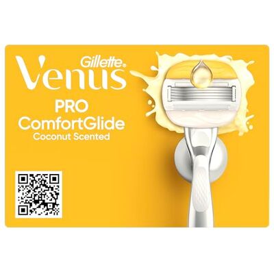 Gillette Pro ComfortGlide Kokosnötsdoft och hårborttagningsmaskin med fuktgivande Olay-kräm, 1 metallhandtag, 6 reservblad och duschhållare Gillette Pro ComfortGlide Kokosnötsdoft och hårborttagningsmaskin med fuktgivande Olay-kräm, 1 metallhandtag, 6 reservblad och duschhållare