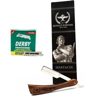 Roman Empire Shaving Spartacus Frisör rakhyvel för män Professionell rakhyvel för frisör för skägg, mustasch och sidrätter med uppsättning av 100 professionella Derbyblad Roman Empire Shaving Spartacus Frisör rakhyvel för män Professionell rakhyvel för frisör för skägg, mustasch och sidrätter med uppsättning av 100 professionella Derbyblad