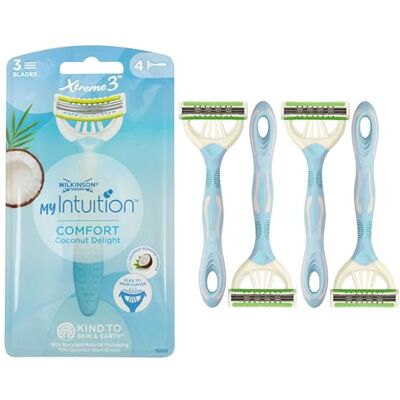 Wilkinson Sword MyIntuition Comfort Coconut Delight Xtreme 3 Engångs rakhyvel Flexibel 3-Blad Rakhyvel för Kvinnor Bekväm Smörjremsa Hårborttagning Förpackning x4 Wilkinson Sword MyIntuition Comfort Coconut Delight Xtreme 3 Engångs rakhyvel Flexibel 3-Blad Rakhyvel för Kvinnor Bekväm Smörjremsa Hårborttagning Förpackning x4