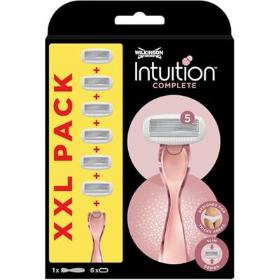 Wilkinson Sword Intuition Komplett rakapparat för kvinnor, XXL, inkl. 6 reservblad med 5 blad i intuitionsserien, lämplig för alla zoner, smal design Wilkinson Sword Intuition Komplett rakapparat för kvinnor, XXL, inkl. 6 reservblad med 5 blad i intuitionsserien, lämplig för alla zoner, smal design