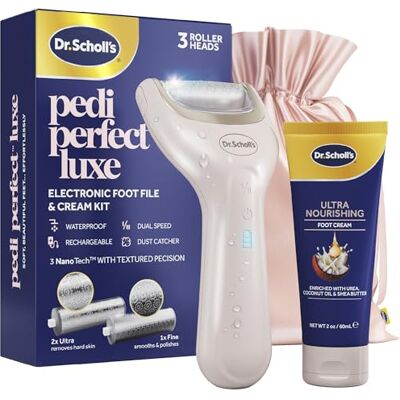 Scholl Pedi Perfect Luxe-Electric Fotfil & Ultra Närande Cream Pedikyrkit, Tar bort hårt skal för mjuka släta fötter, vattentät, uppladdningsbar med 90-minuters körtid, inkluderar x3 rullhuvuden Scholl Pedi Perfect Luxe-Electric Fotfil & Ultra Närande Cream Pedikyrkit, Tar bort hårt skal för mjuka släta fötter, vattentät, uppladdningsbar med 90-minuters körtid, inkluderar x3 rullhuvuden