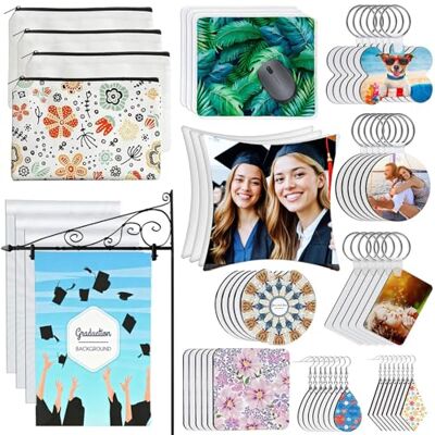 AMDAILY 114Pcs Sublimation Blanks Products, Sublimation Blank Set Including DIY Blank Makeup Bag, Keychain, Earring, Pillow Cover, Mouse Pad, Coaster, Garden Flag for Sublimation Transfer Heat Press Craft AMDAILY 114Pcs Sublimation Blanks Products, Sublimation Blank Set Including DIY Blank Makeup Bag, Keychain, Earring, Pillow Cover, Mouse Pad, Coaster, Garden Flag for Sublimation Transfer Heat Press Craft