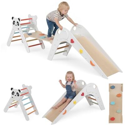 FANTASK Klättertrianglar set med 3 stycken, vikbar klätterställning trä med rutschkana, ramp och klätterstege, inkl. byggstensset, ribbstängkant för barn från 3 år (färgglad) FANTASK Klättertrianglar set med 3 stycken, vikbar klätterställning trä med rutschkana, ramp och klätterstege, inkl. byggstensset, ribbstängkant för barn från 3 år (färgglad)