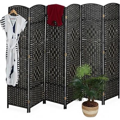 Relaxdays Paravent rumsavdelare, HxB: 170 x 240 cm, vikbar rymdavdelare, 6-delat insynsskydd, trä, pappersrep, svart Relaxdays Paravent rumsavdelare, HxB: 170 x 240 cm, vikbar rymdavdelare, 6-delat insynsskydd, trä, pappersrep, svart