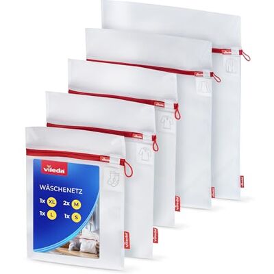 Vileda Tvättnät set om 5 i 4 storlekar för tvättmaskin Slitstark polyester, set av XL, L, 2x M och S för skjortor, tröjor, behåar, underkläder och babykläder Vileda Tvättnät set om 5 i 4 storlekar för tvättmaskin Slitstark polyester, set av XL, L, 2x M och S för skjortor, tröjor, behåar, underkläder och babykläder