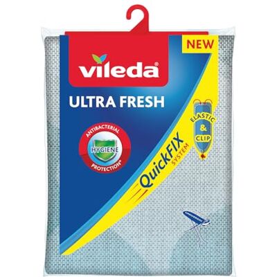 Vileda Ultra Fresh strykbrädsöverdrag, antibakteriellt strykskydd mot bakterietillväxt, för strykbrädor från 110 – 130 cm x 30 – 45 cm, färg: grå-blå Antibakteriell behandling 100% bomull 110-130 x 30-45 cm Elastiskt QuickFix-system med dragsko Vileda Ultra Fresh strykbrädsöverdrag, antibakteriellt strykskydd mot bakterietillväxt, för strykbrädor från 110 – 130 cm x 30 – 45 cm, färg: grå-blå Antibakteriell behandling 100% bomull 110-130 x 30-45 cm Elastiskt QuickFix-system med dragsko