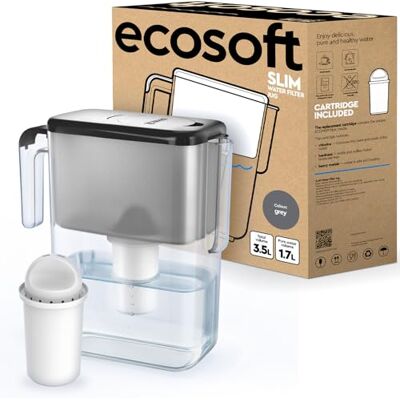 ecosoft Smal vattenfilterkanna – grå, 3,5 l kapacitet, minskar klor och kalk, kompakt design för kylskåp, innehåller filter ecosoft Smal vattenfilterkanna – grå, 3,5 l kapacitet, minskar klor och kalk, kompakt design för kylskåp, innehåller filter