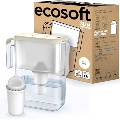 ecosoft Slim-vattenfilterkanna – färg elfenben, kapacitet 3,5 l, reducerar klor och kalk, kompakt design för kylskåp, innehåller filter ecosoft Slim-vattenfilterkanna – färg elfenben, kapacitet 3,5 l, reducerar klor och kalk, kompakt design för kylskåp, innehåller filter