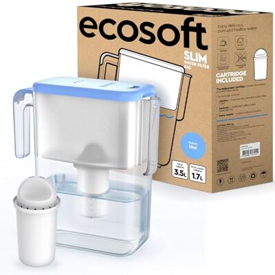 ecosoft Slim-vattenfilterkanna – färg blå, 3,5 l kapacitet, minskar klor och kalk, kompakt design för kylskåp, innehåller filter ecosoft Slim-vattenfilterkanna – färg blå, 3,5 l kapacitet, minskar klor och kalk, kompakt design för kylskåp, innehåller filter
