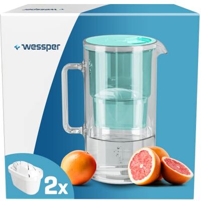 Wessper Vattenfilter kanna glas 3 L, uppsättning vattenkanna och 2 filterpatroner, kompatibel med Brita Maxtra, vattenkaraff för dricksvatten med ersättningsfilter – mynta Wessper Vattenfilter kanna glas 3 L, uppsättning vattenkanna och 2 filterpatroner, kompatibel med Brita Maxtra, vattenkaraff för dricksvatten med ersättningsfilter – mynta