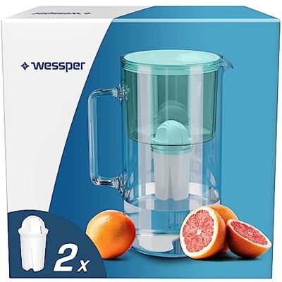 Wessper Crystalline filterkanna 2,5 l vattenkaraff, set av vattenkokarglas med 2 stycken AQUA CLASSIC vattenfilter, kompatibel med Brita Classic, Dafi Classic, grå Wessper Crystalline filterkanna 2,5 l vattenkaraff, set av vattenkokarglas med 2 stycken AQUA CLASSIC vattenfilter, kompatibel med Brita Classic, Dafi Classic, grå