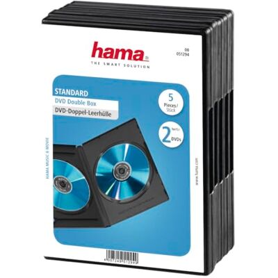 Hama DVD-dubbelfodral 5-pack (även lämplig för CD-skivor och Blu-rays) med folie för att sätta in omslaget, svart Hama DVD-dubbelfodral 5-pack (även lämplig för CD-skivor och Blu-rays) med folie för att sätta in omslaget, svart