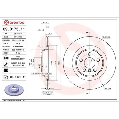 Bromsskiva Brembo 09.D175.11, 1 Stycke Bromsskiva Brembo 09.D175.11, 1 Stycke