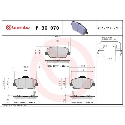 Bromsbeläggssats Brembo P 30 070, Fram Bromsbeläggssats Brembo P 30 070, Fram