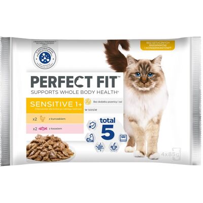 Perfect Fit Sensitive 1+ Påsar 4x85 G I Sås Med Kyckling, Med Lax För Vuxna Katter Perfect Fit Sensitive 1+ Påsar 4x85 G I Sås Med Kyckling, Med Lax För Vuxna Katter