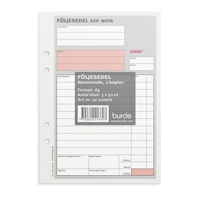 Burde Blankett följesedel A5 3x50 bl num Burde Blankett följesedel A5 3x50 bl num