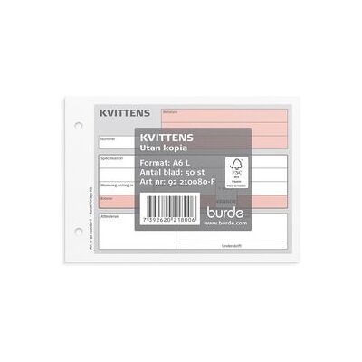 Burde Blankett kvittens A6L 50 blad Burde Blankett kvittens A6L 50 blad