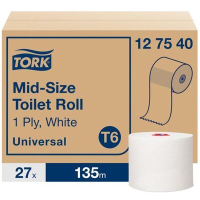 Tork Vit Toalettpapper Rulle 27 St - 135m, 1-lags, Universell Tork Vit Toalettpapper Rulle 27 St - 135m, 1-lags, Universell