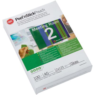 GBC Lamineringsfickor Peel'n Stick A5 125 mikron Gloss 100/fp GBC Lamineringsfickor Peel'n Stick A5 125 mikron Gloss 100/fp
