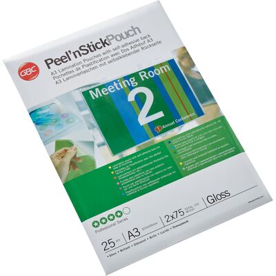 GBC Lamineringsfickor Peel'n Stick A3 75 mikron Gloss 25/fp GBC Lamineringsfickor Peel'n Stick A3 75 mikron Gloss 25/fp