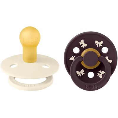 BIBS Pacifier Colour Holiday Bow Latex Ivory/Plum 2 pack Size 1 BIBS Pacifier Colour Holiday Bow Latex Ivory/Plum 2 pack Size 1