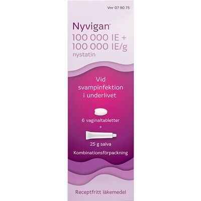 Nyvigan Salva + vaginaltablett 100000IE/g+100000IE Tub + Blister, 25g + 6 tabletter Nyvigan Salva + vaginaltablett 100000IE/g+100000IE Tub + Blister, 25g + 6 tabletter