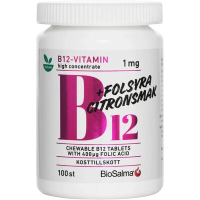 BioSalma B12-vitamin 1 mg + Folsyra 100 st tuggtabletter BioSalma B12-vitamin 1 mg + Folsyra 100 st tuggtabletter