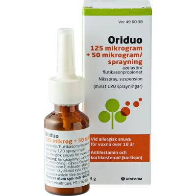 Orifarm Oriduo nässpray, 125mikrogram+50mikrogram/sprayning, 120sprayningar Orifarm Oriduo nässpray, 125mikrogram+50mikrogram/sprayning, 120sprayningar