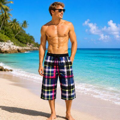 Badshorts herr rutmönster i färg med bakficka (Storlek: XL) Badshorts herr rutmönster i färg med bakficka (Storlek: XL)