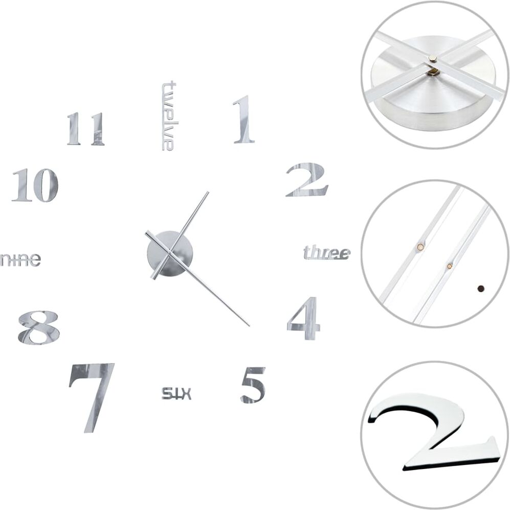 vidaXL Väggklocka 3D modern design 100 cm XXL silver vidaXL Väggklocka 3D modern design 100 cm XXL silver