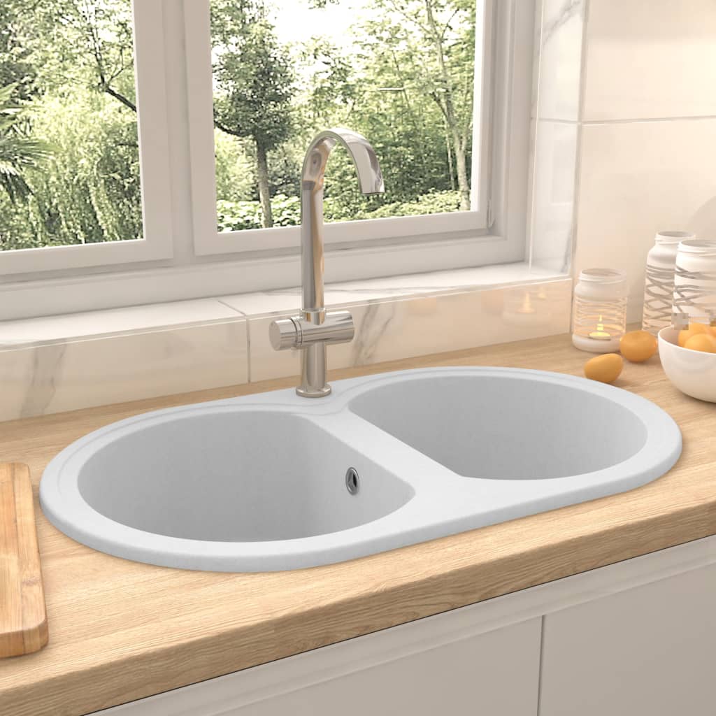 vidaXL Diskho med dubbla hoar oval vit granit vidaXL Diskho med dubbla hoar oval vit granit