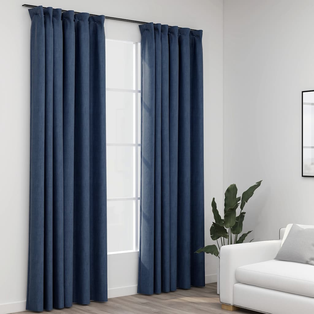 vidaXL Mörkläggningsgardiner med krokar linnelook 2 st blå 140x225 cm vidaXL Mörkläggningsgardiner med krokar linnelook 2 st blå 140x225 cm