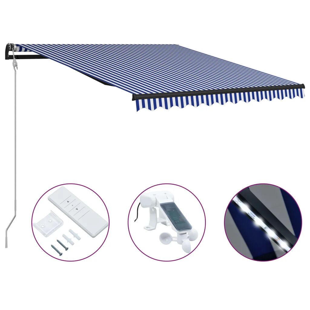 vidaXL Infällbar markis med vindsensor & LED 300x250 cm blå och vit vidaXL Infällbar markis med vindsensor & LED 300x250 cm blå och vit