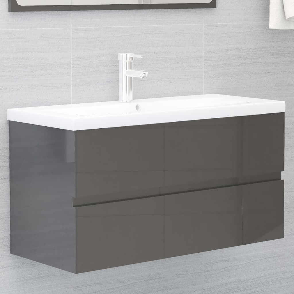 vidaXL Tvättställsskåp grå högglans 90x38,5x45 cm spånskiva vidaXL Tvättställsskåp grå högglans 90x38,5x45 cm spånskiva