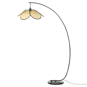 Beliani Golvlampa Svart Metall Stående Bågformad Lampa med Pappersskärm med Rottingeffekt Vardagsrum Sovrum