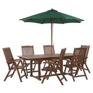 Beliani Trädgårdsmatset Mörkt utdragbart bord i massivt akaciaträ 6 stolar med parasoll Justerbart ryggstöd Fällbart Rustik stil