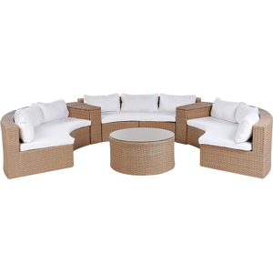 Beliani Sandbeige Konstrotting U-formad 9-sits Vita Kuddar med Bord Utomhus Loungegrupp