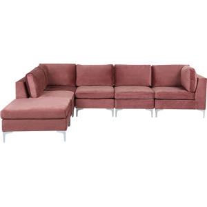 Beliani Högervänd Modulär Hörnsoffa med Fotpall Rosa Sammet 5-sits L-formad Silver Metall Ben Glam Stil