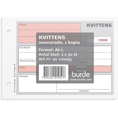 BURDE Blankett kvittensblock A6L 2x50 blad med kopia BURDE Blankett kvittensblock A6L 2x50 blad med kopia