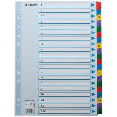 ESSELTE Avdelare, A4, polypropylen, A–Z flikuppsättning, olika färger ESSELTE Avdelare, A4, polypropylen, A–Z flikuppsättning, olika färger