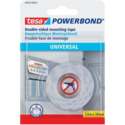 TESA Dubbelsidig fästtejp, Powerbond® Universal, vit, 19 mm x 1,5 m, 58565 TESA Dubbelsidig fästtejp, Powerbond® Universal, vit, 19 mm x 1,5 m, 58565