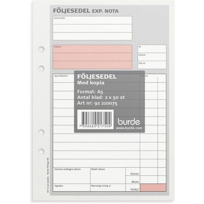 BURDE Blankett följesedel A5 2x50 block onumrerad BURDE Blankett följesedel A5 2x50 block onumrerad